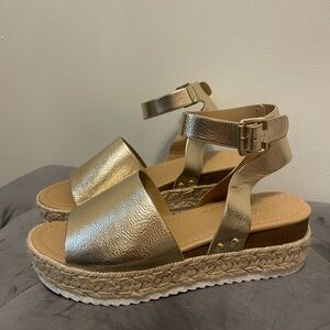 Metallic Gold Ankle-Strap Platform Sandals - Women